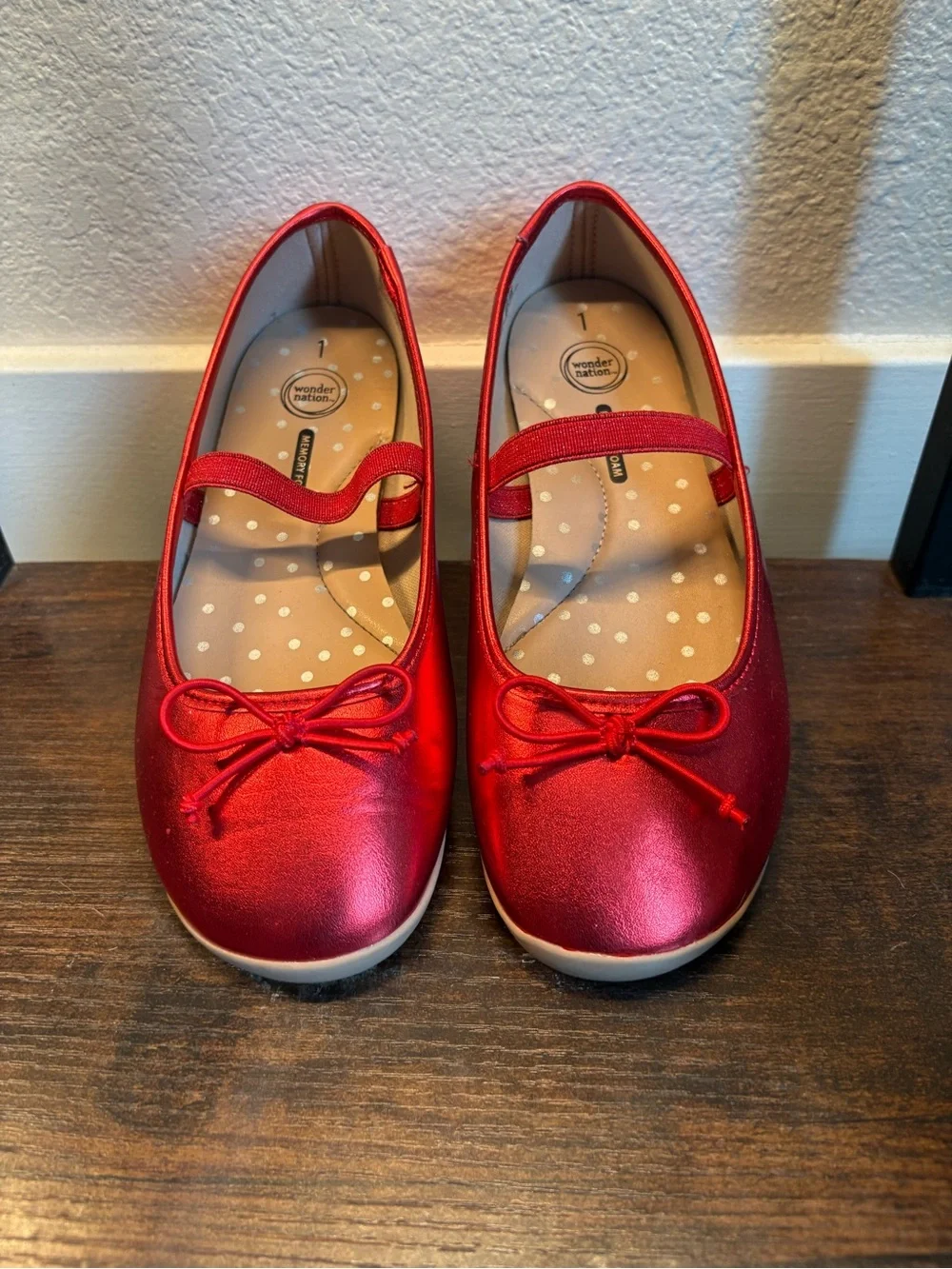 wonder nation Red Girls' Shiny Mary Jane Flats with Bow